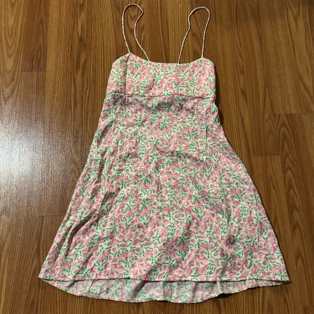 Zara‎ Pastel Pink Green Floral Spaghetti Strap Mini Dress Open Back Size S Fairy
